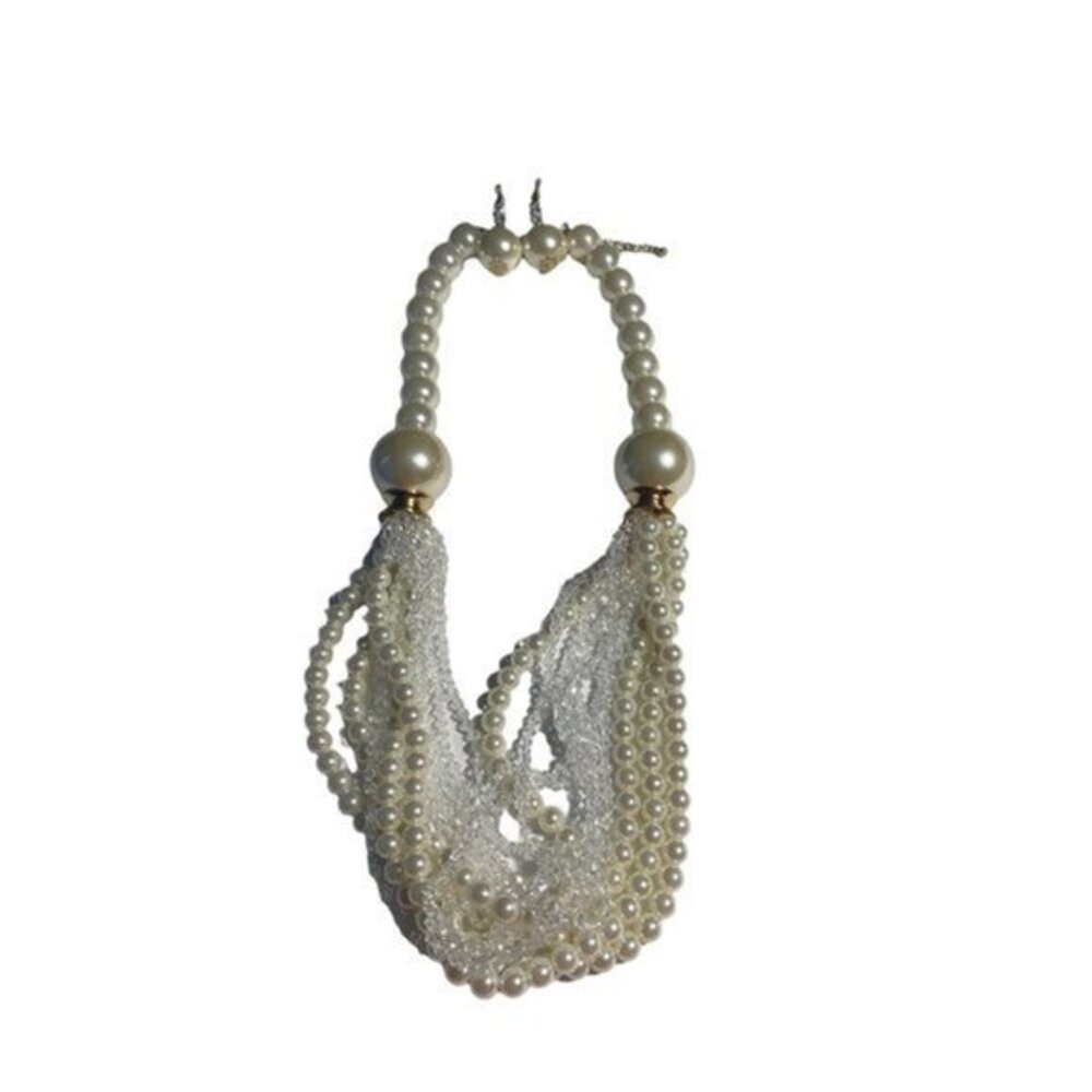 Faux Pearl Necklace Earring Set Womens White Multi Strand Graduated Statement